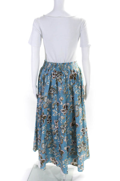 Elie Tahari Womens Smocked Waistband Floral Midi Skirt Blue Multi Size Medium