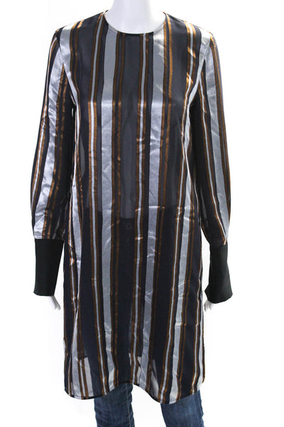 Lafayette 148 New York Womens Slit Sheer Satin Striped Tunic Shirt Navy Medium