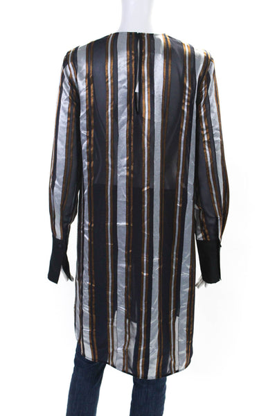 Lafayette 148 New York Womens Slit Sheer Satin Striped Tunic Shirt Navy Medium