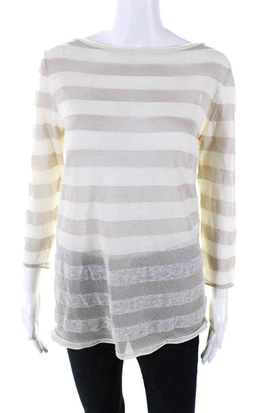 Tory Burch Womens Beige Striped Boat Neck Long Sleeve Blouse Top Size M