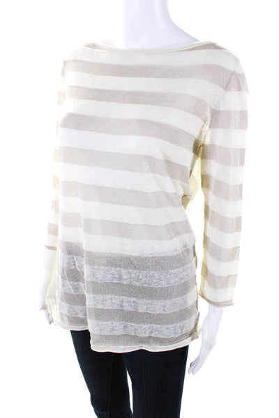 Tory Burch Womens Beige Striped Boat Neck Long Sleeve Blouse Top Size M