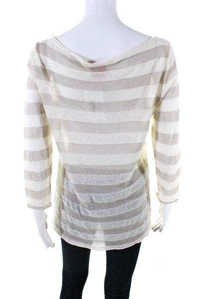 Tory Burch Womens Beige Striped Boat Neck Long Sleeve Blouse Top Size M