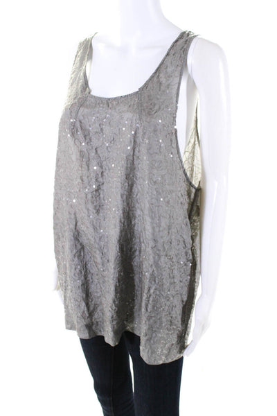 Chan Luu Womens Gray Silk Sequins Textured Scoop Neck Sleeveless Tank Top Size M