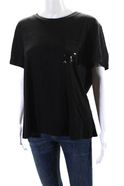 DKNY Womens Round Neck Short Sleeve Sequined Pullover Casual Top Black Size XL