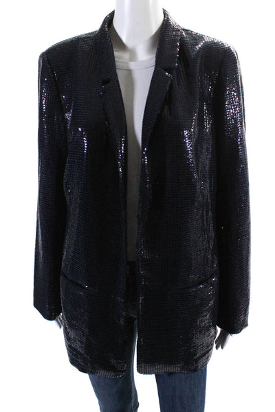 Vince Camuto Womens Sequined Collared Open Front Long Sleeve Blazer Navy Size 14