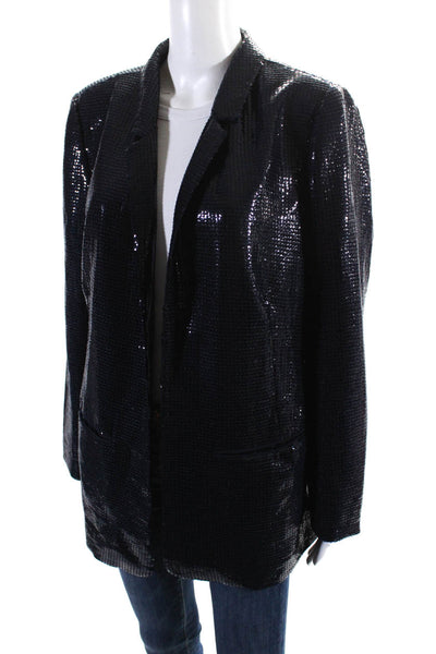 Vince Camuto Womens Sequined Collared Open Front Long Sleeve Blazer Navy Size 14