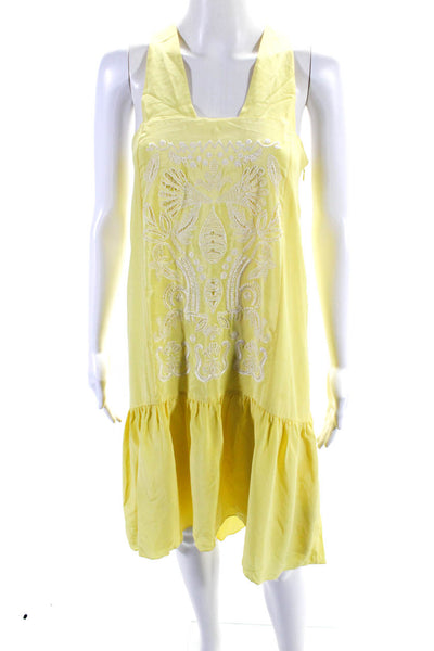 Tibi Womens Silk Embroidered Square Neck High Low Shift Dress Yellow Size 2