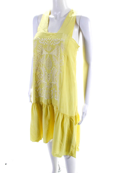 Tibi Womens Silk Embroidered Square Neck High Low Shift Dress Yellow Size 2