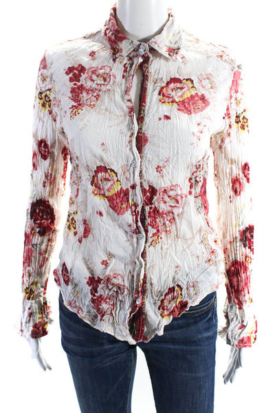 Cino Womens Floral Print Button Down Shirt White Red Cotton Size Small