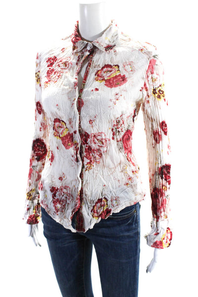 Cino Womens Floral Print Button Down Shirt White Red Cotton Size Small