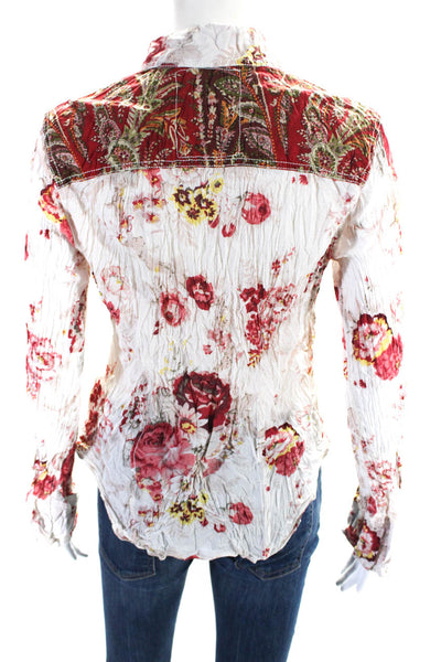 Cino Womens Floral Print Button Down Shirt White Red Cotton Size Small