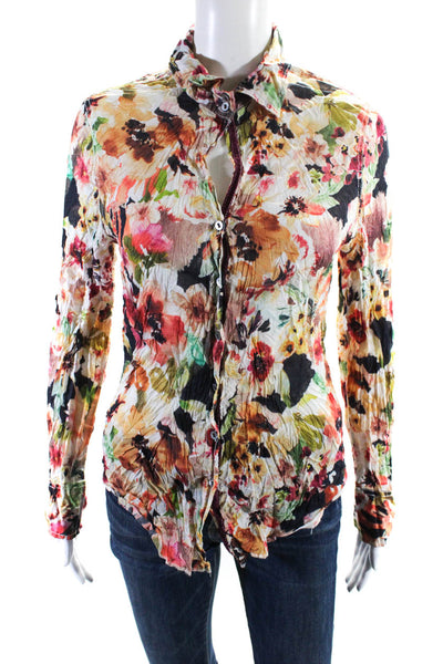 Cino Womens Floral Print Wrinkled Button Down Shirt Multi Colored Size Small