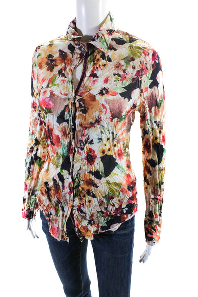 Cino Womens Floral Print Wrinkled Button Down Shirt Multi Colored Size Small