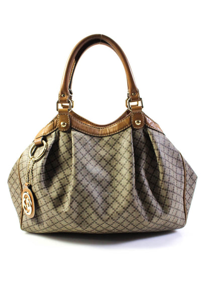 Gucci Womens Sukey Leather Trim Diamond Print Coated Canvas Tote Handbag Brown