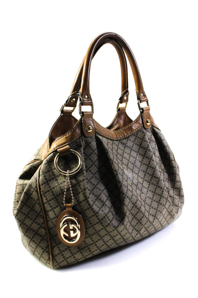 Gucci Womens Sukey Leather Trim Diamond Print Coated Canvas Tote Handbag Brown