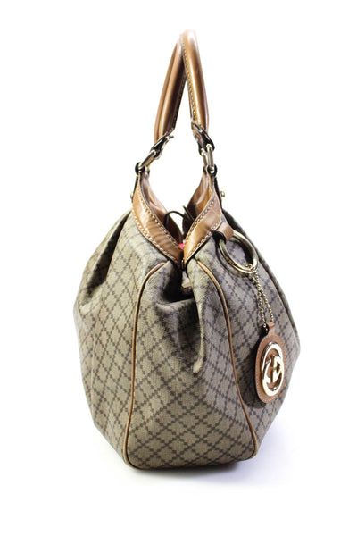 Gucci Womens Sukey Leather Trim Diamond Print Coated Canvas Tote Handbag Brown