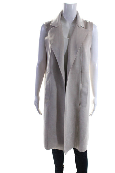 Joan Vass Womens Beige Vegan Leather Collar Open Front Sleeveless Jacket Size M