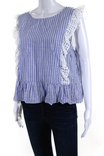 Lilly Pulitzer Women's Round Neck Sleeveless Ruffle Stripe Blouse Blue Size XL