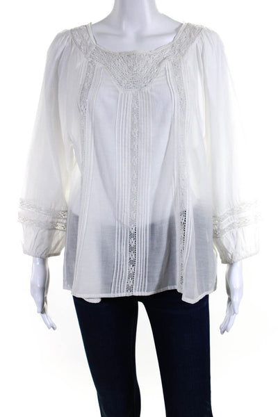 Joie Women's Round Neck Long Sleeves Lace Trim Blouse White Size L