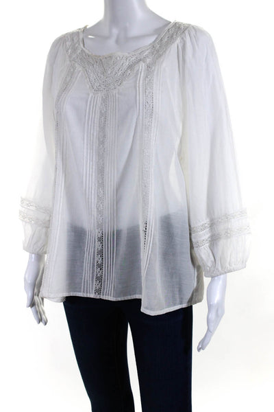 Joie Women's Round Neck Long Sleeves Lace Trim Blouse White Size L