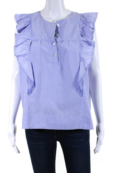 J Crew Women's Round Neck Ruffle Cap Sleeves Cotton Blouse Blue Size 12