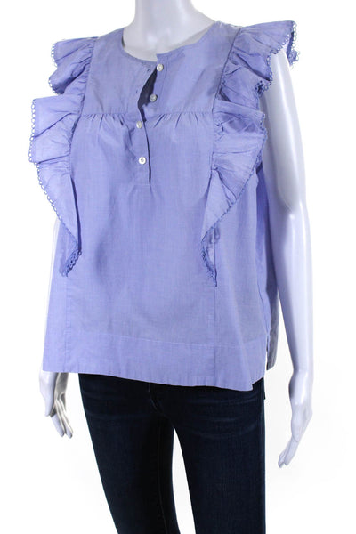 J Crew Women's Round Neck Ruffle Cap Sleeves Cotton Blouse Blue Size 12