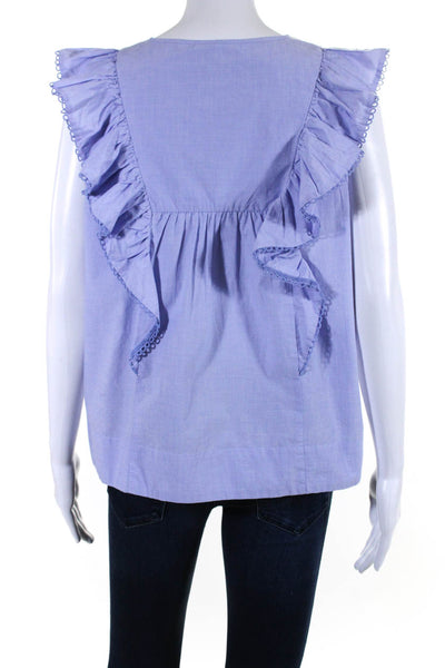 J Crew Women's Round Neck Ruffle Cap Sleeves Cotton Blouse Blue Size 12