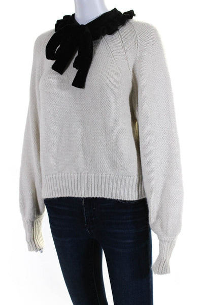 Avantlook Women's Ruffle Neck Long Sleeves Pullover Sweater Cream Black Size S