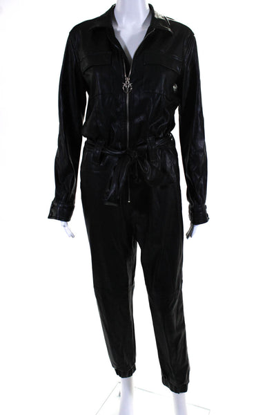 Pinko Womens Front Zip Long Sleeve Collared Faux Leather Jumpsuit Black Size 4