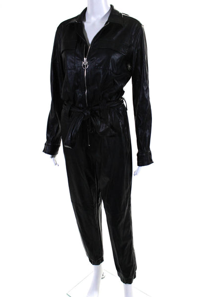 Pinko Womens Front Zip Long Sleeve Collared Faux Leather Jumpsuit Black Size 4