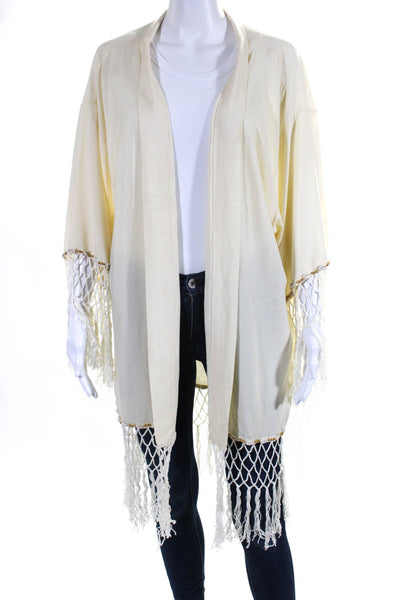 Sur La Plage Womens Open Knit Fringe Cardigan Sweater Off White One Size