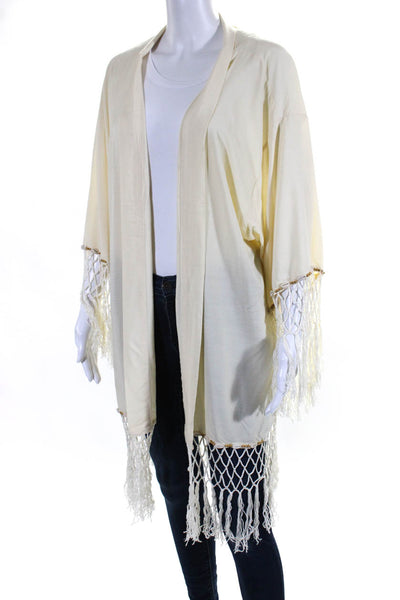 Sur La Plage Womens Open Knit Fringe Cardigan Sweater Off White One Size