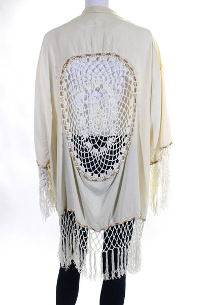 Sur La Plage Womens Open Knit Fringe Cardigan Sweater Off White One Size