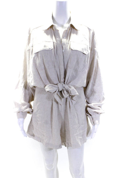 Elliatt Womens Long Sleeves Button Down Pleated Front Romper Beige Size Medium