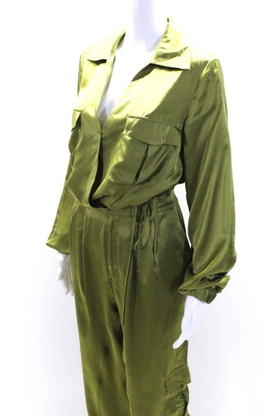 Nicholas Womens Silk Long Sleeves Cropped Blouse Pant Set Green Size 6/4