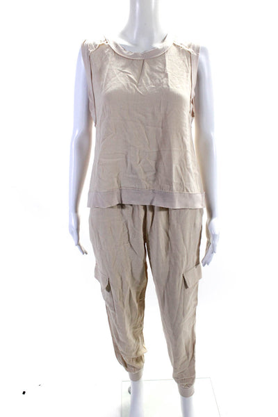 Fate. Women's Round Neck Sleeveless Two Piece Jogger Set Beige Size S