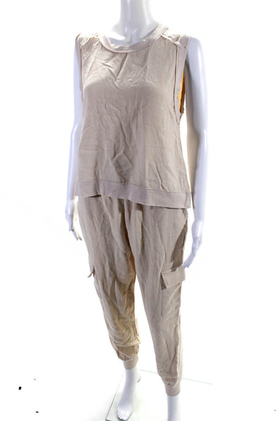 Fate. Women's Round Neck Sleeveless Two Piece Jogger Set Beige Size S