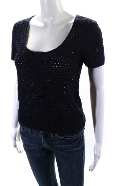 Vince Women's Scoop Neck Short Sleeves Open Knit Sweater Navy Blue Size S