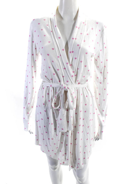 Polkadot Womens Ribbed Knit Heart Print Long Sleeve Short Robe White Pink Size M