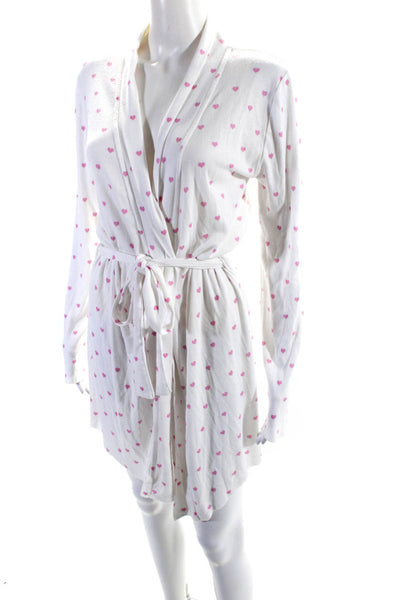 Polkadot Womens Ribbed Knit Heart Print Long Sleeve Short Robe White Pink Size M