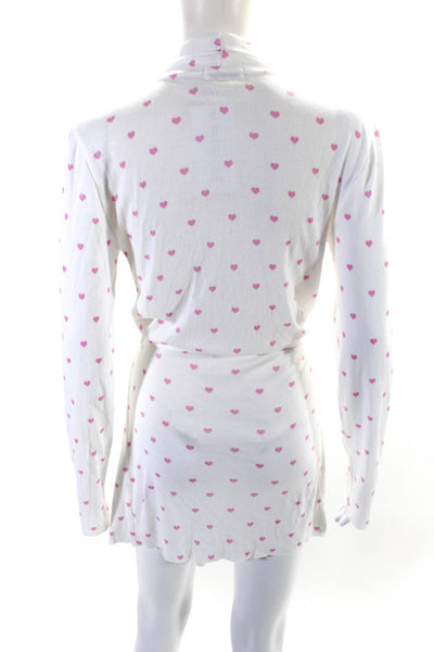 Polkadot Womens Ribbed Knit Heart Print Long Sleeve Short Robe White Pink Size M