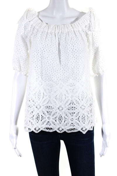 Sharis Womens Cotton Eyelet Lace Short Sleeve Off Shoulder Blouse White Size 4