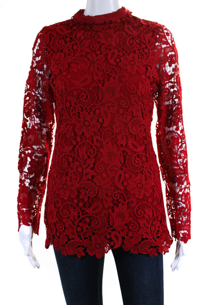 Julian Chang Womens Mock Neck Long Sleeve Embroidered Lace Blouse Red Size S