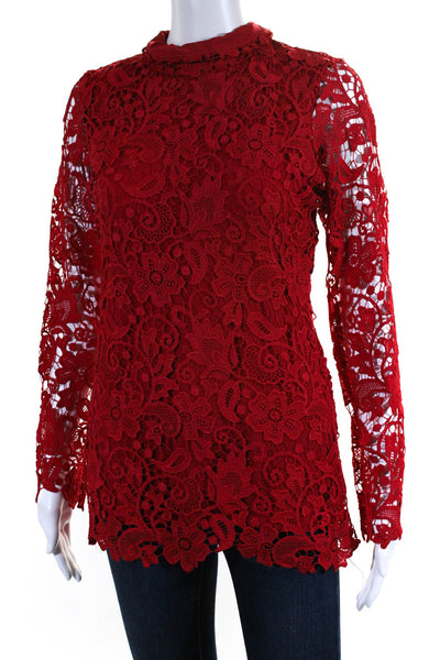 Julian Chang Womens Mock Neck Long Sleeve Embroidered Lace Blouse Red Size S