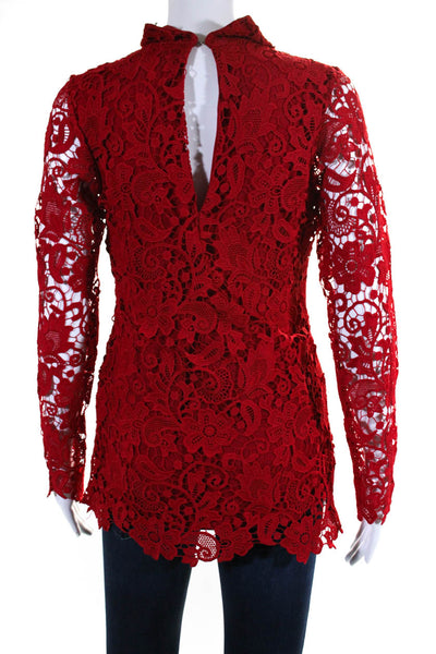 Julian Chang Womens Mock Neck Long Sleeve Embroidered Lace Blouse Red Size S