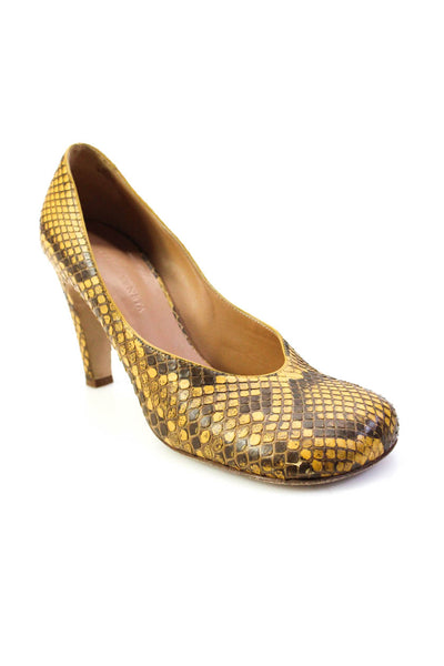 Bottega Veneta Womens Block Heel Square Toe Snakeskin Pumps Brown Size 39