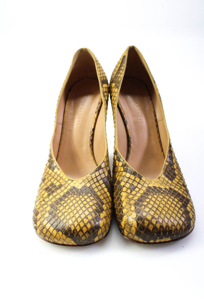 Bottega Veneta Womens Block Heel Square Toe Snakeskin Pumps Brown Size 39