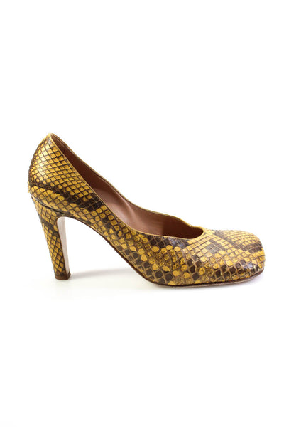 Bottega Veneta Womens Block Heel Square Toe Snakeskin Pumps Brown Size 39