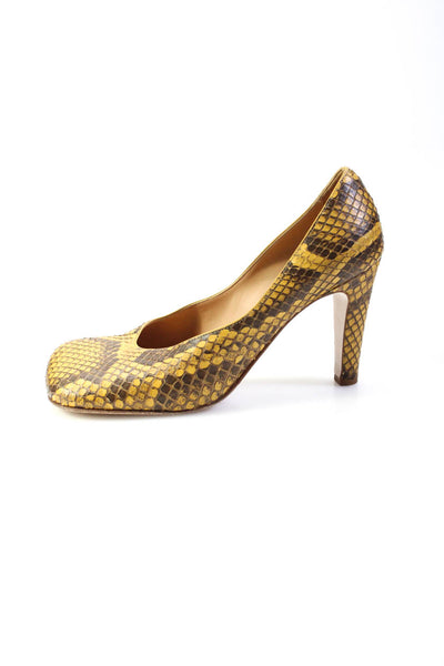 Bottega Veneta Womens Block Heel Square Toe Snakeskin Pumps Brown Size 39