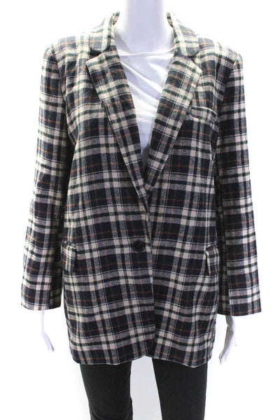 six/fifty Womens Plaid Print Buttoned Collared Long Sleeve Blazer Beige Size L